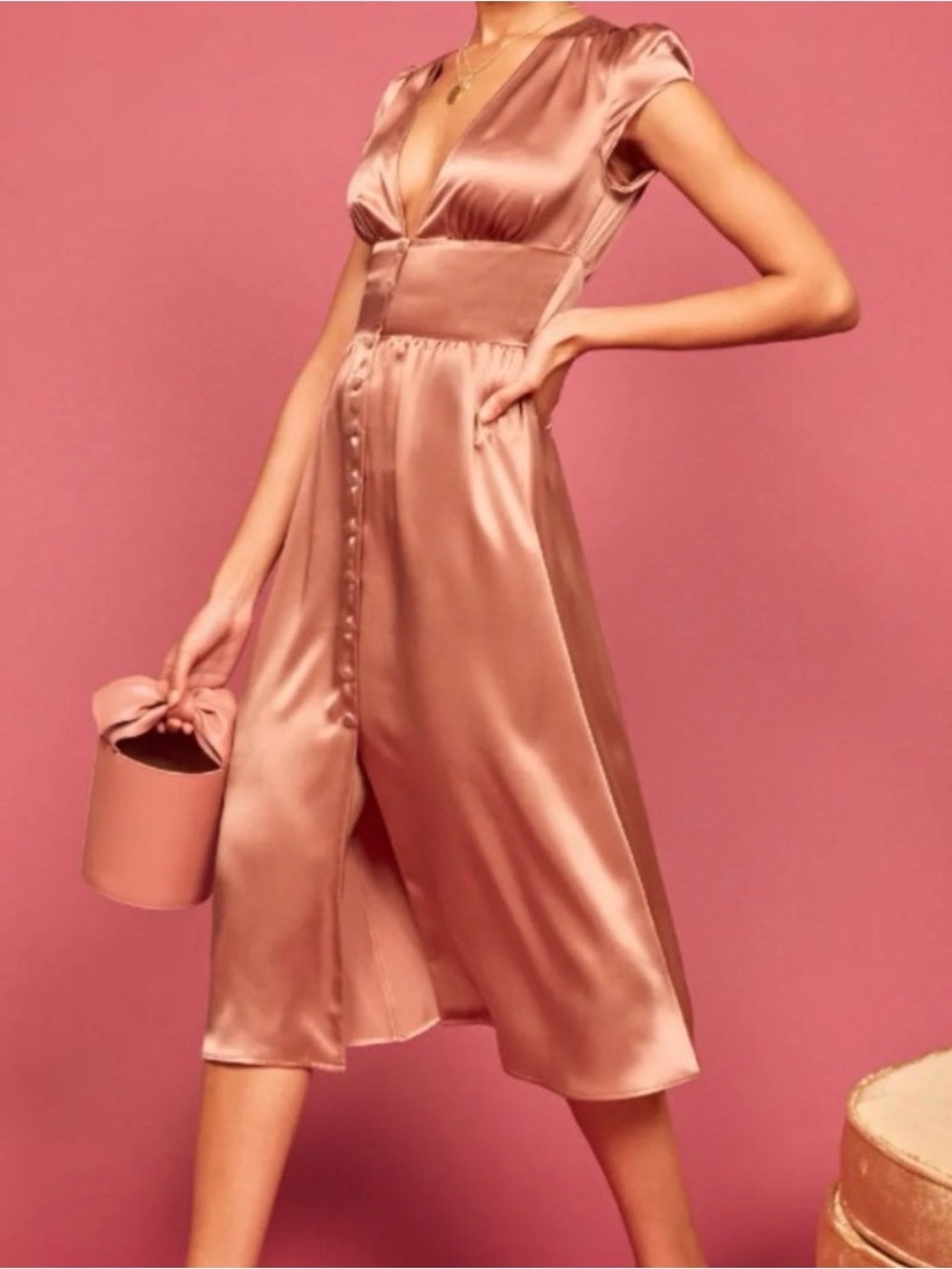 Reformation Satin Charleigh V-Neck Midi Dress in Praline